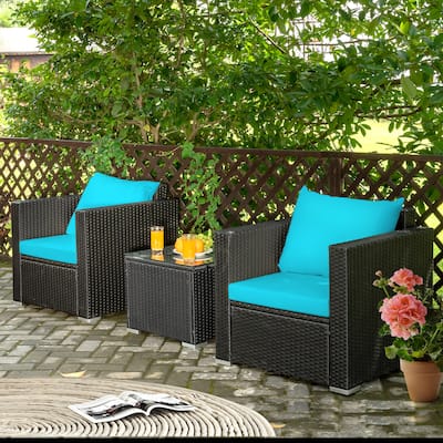 3 PCS Patio Wicker Bistro Set Outdoor Rattan Sofa and Table Set