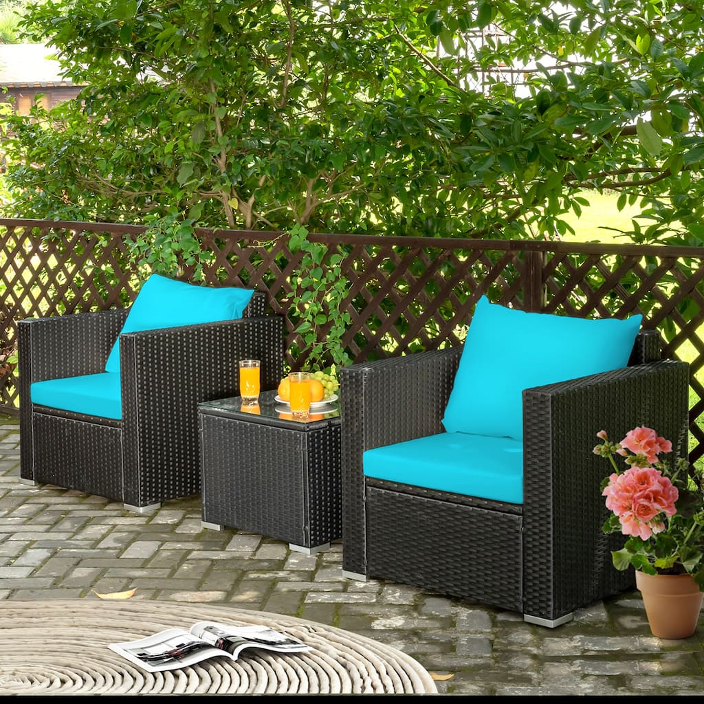 3 PCS Patio Wicker Bistro Set Outdoor Rattan Sofa and Table Set