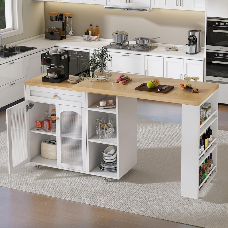 Mobile Kitchen Island with Storage and Rotating Tabletop - 23.6"D x 71.1'"W x 36.6"H