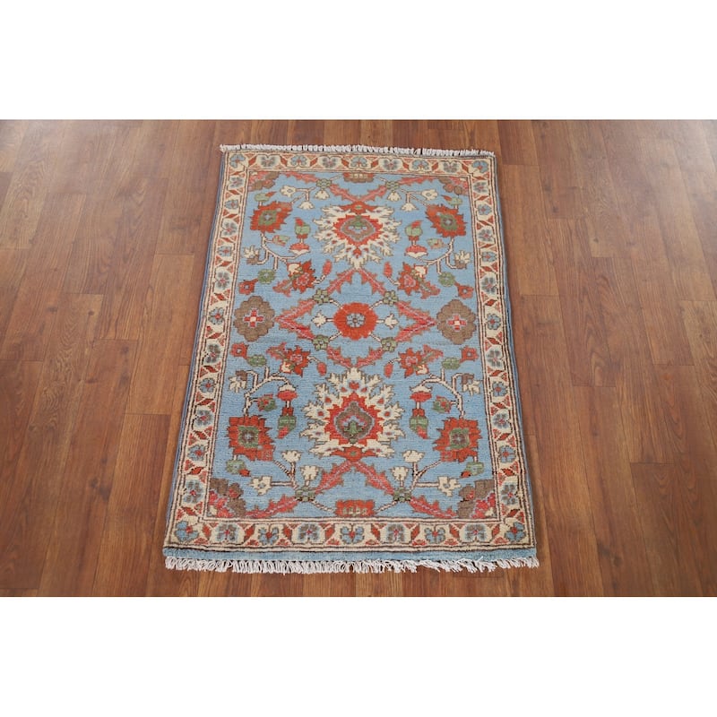 Light Blue Kazak Oriental Foyer Rug Hand-Knotted Floral Wool Carpet - 2'0" x 2'11"