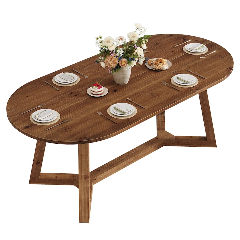 Solid Wood Oval Dining Table, 63-Inch Wooden Farmhouse Kitchen Table