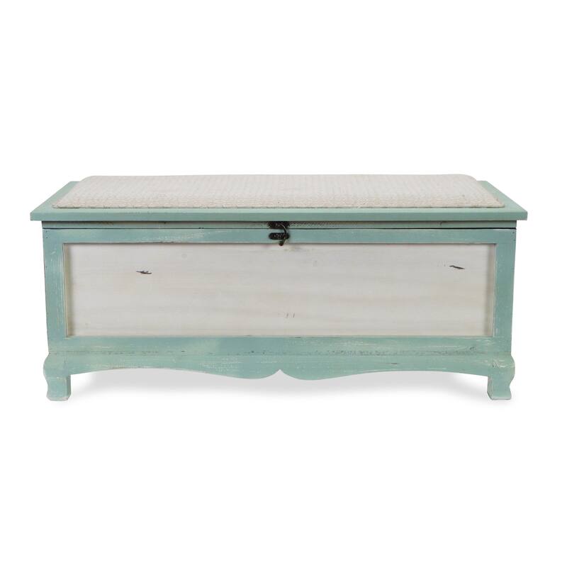 Seafoam Green Wooden Shabby Bench Chest with Seat Cushion - L: 36" x W: 16.5" x H: 15"
