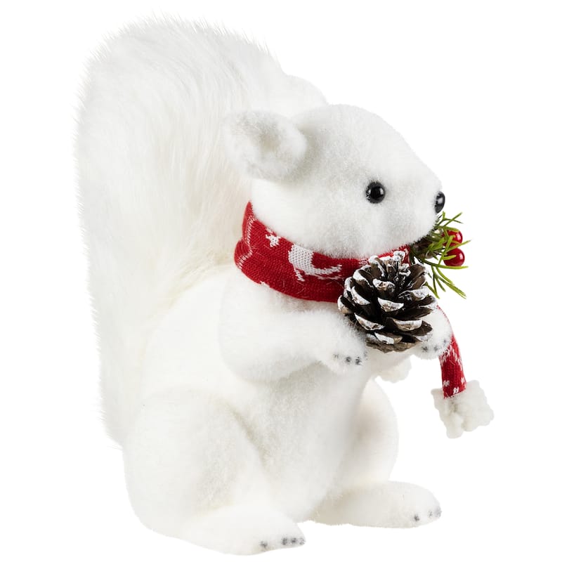 Winter Squirrel with Pinecone and Bell Christmas Figurine - 9" - White