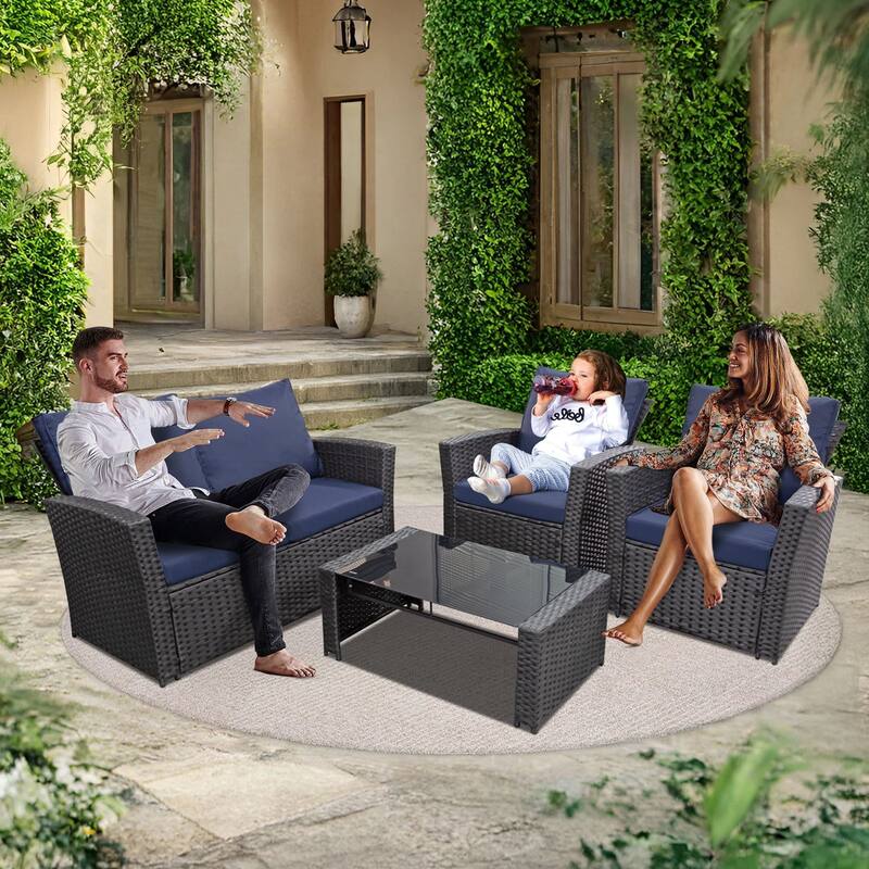 4-Piece Wicker Outdoor Sofa Set, 1 Loveseats, 2 Single Sofas, 1 Table - Black/Blue