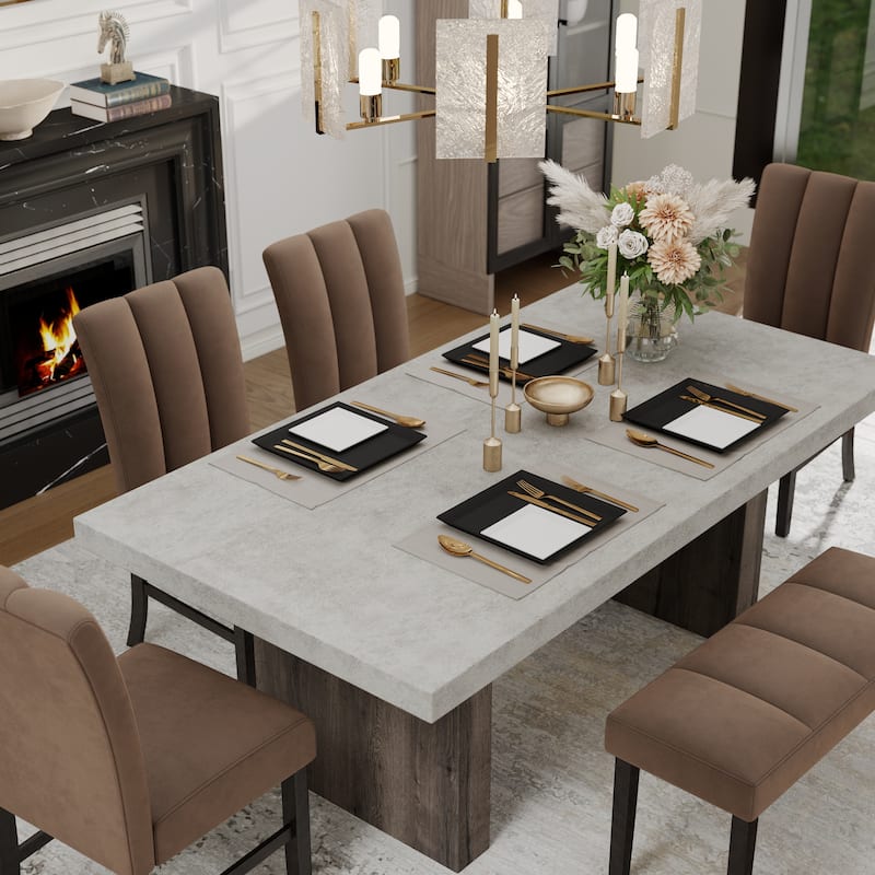 Roundhill Furniture Sorlen 6-Piece Dining Set, 3D Faux Concrete Table with 4 Chocolate Fabric Chairs and a Bench
