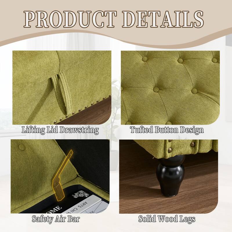 Upholstered Storage Ottoman Bench - Button Tufted Linen Ottoman with Hidden Storage for Living Room or Bedroom