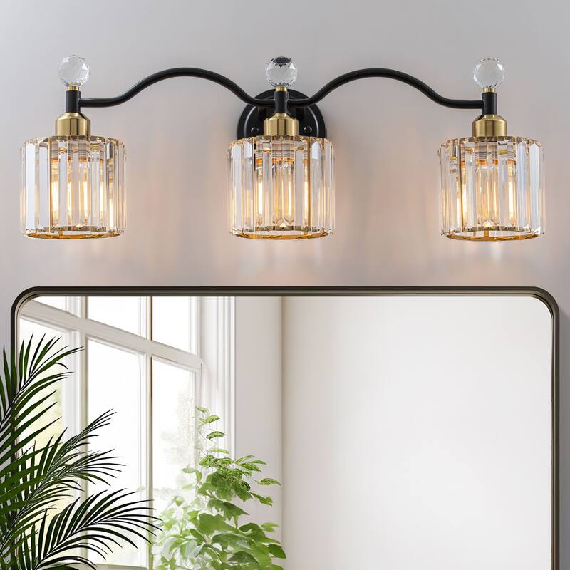 Starsky 3-Light Modern Crystal Bathroom Vanity Fixture with Ribbed Glass Shades and Sparkling Crystal Ball Accents