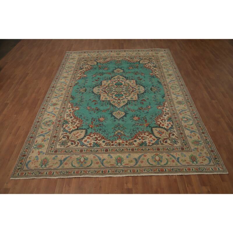 Hand Knotted Oriental 100% Wool Carpet Traditional Floral Green Tabriz Area Rug - 10' 11'' X 8' 3''