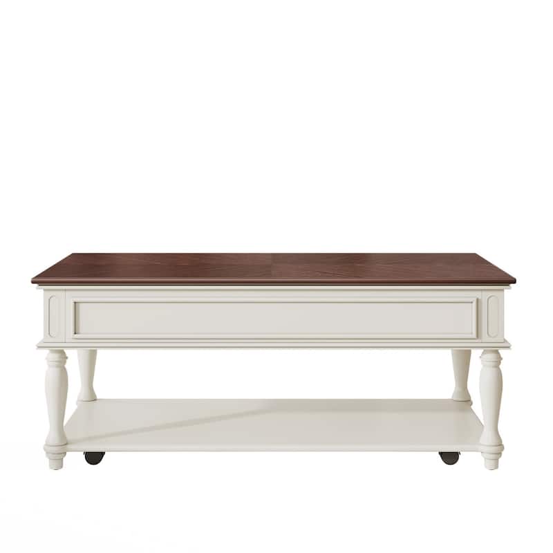 Coffee Table with One Drawer, Retro Movable Rectangular Cocktail Table with Lockable Wheels, Country Style Center Table
