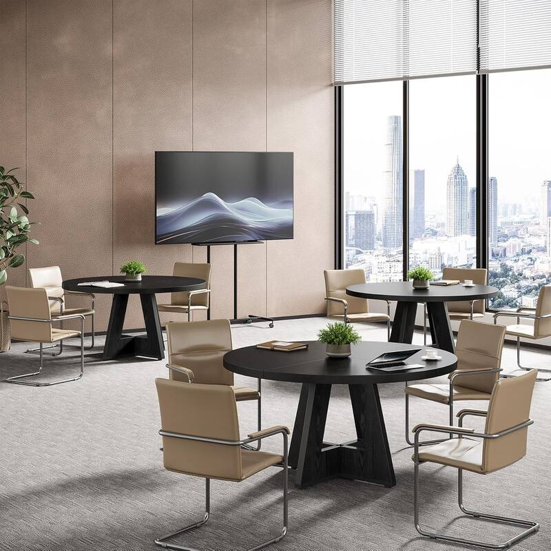47" Round Conference Table Meeting Room Table with Thickened Top Wood Base Modern Training Desk for Conference/Seminar Room