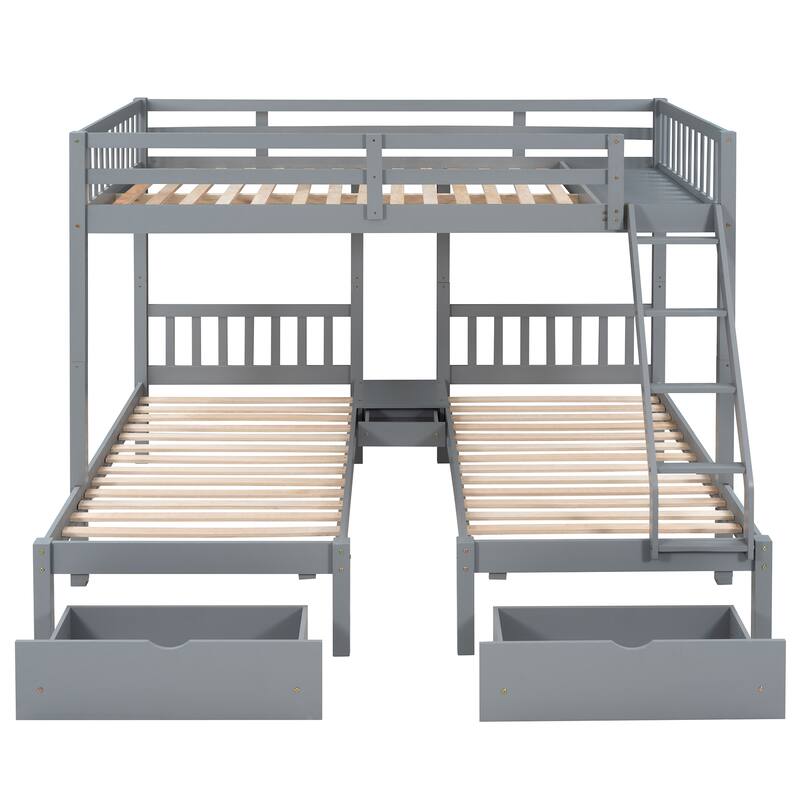 Triple Bunk Bed with Ladder and Storage Drawers, Full Over Twin & Twin Bedframe, Solid Wood Detachable Triple Bed for Kids Teens