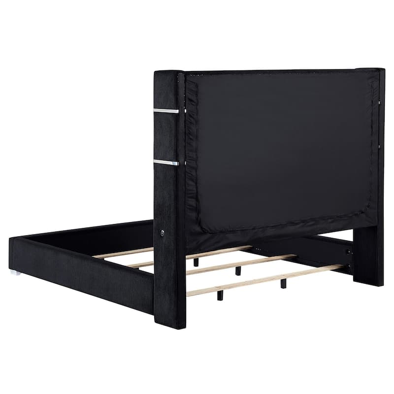 Caro Queen Bed, Wingback Panel w LED Flame, Black Corduroy Upholstery