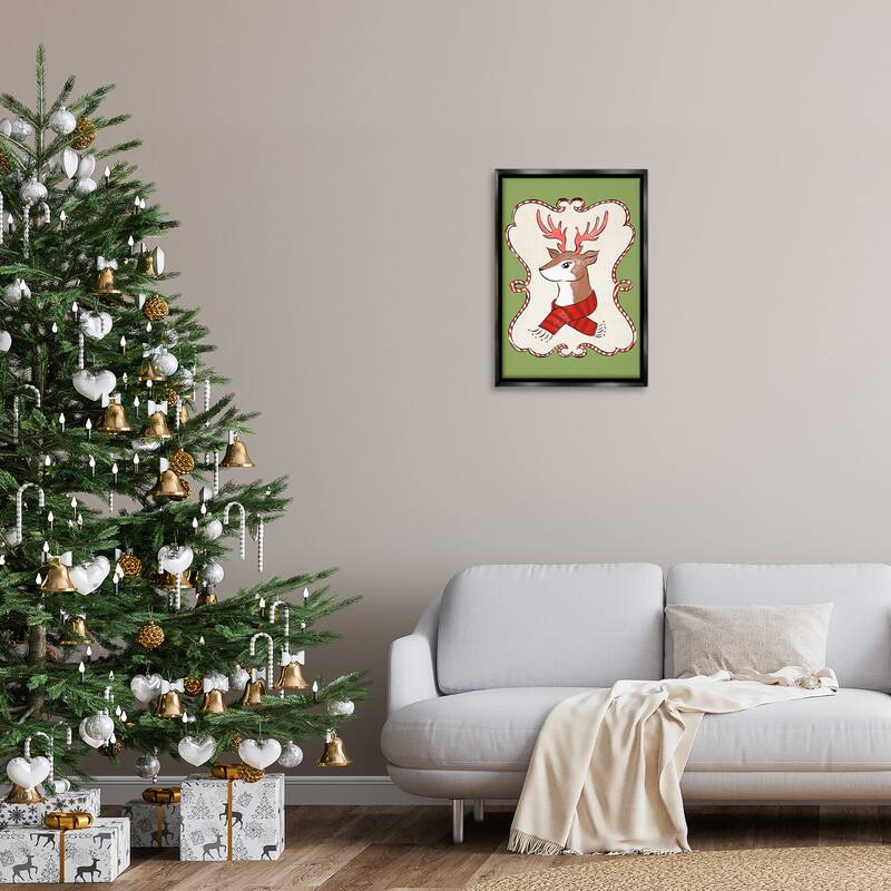 Stupell Festive Winter Deer in Scarf Framed Floater Canvas Wall Art Design By Hannah Moren