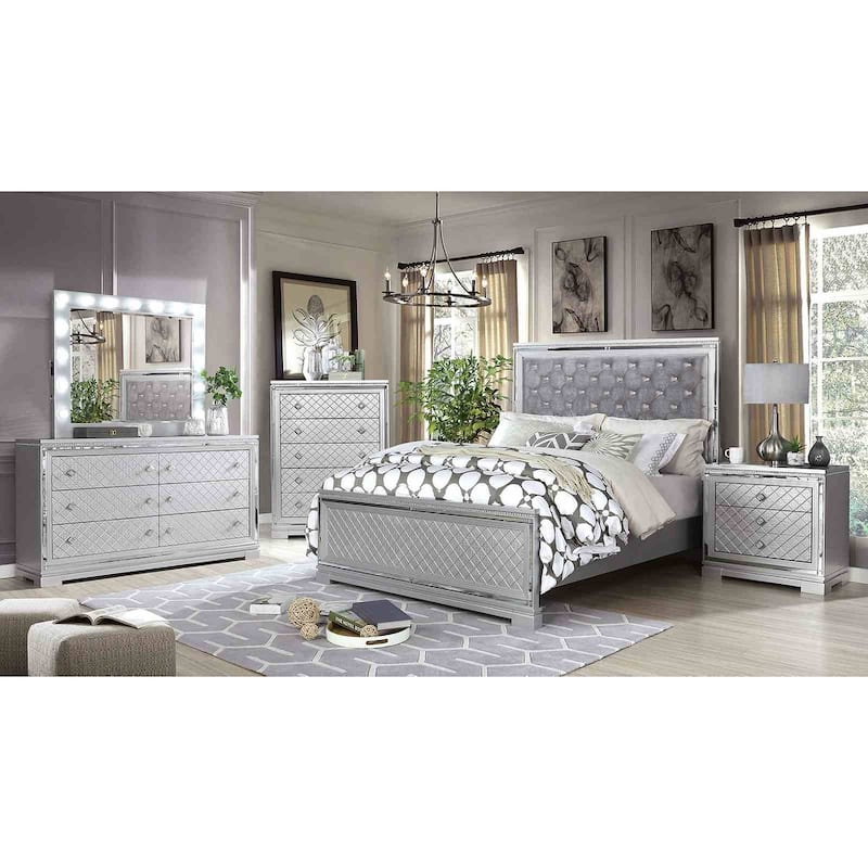 Glam Silver Finish Bedroom Furniture Set with Button-Tufted Bed