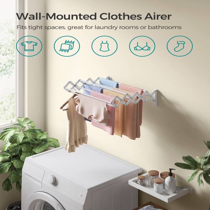 Wall-Mounted Expandable Steel Clothes Drying Rack with 9 Hanging Rods Perfect for Laundry Room or Bathroom