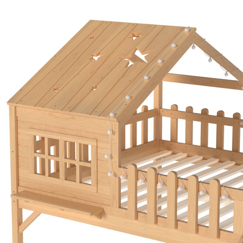 Full Size House Loft Bed with Slide,Playhouse Bed with Star Moon-shaped Designs and Window, Chic Design with LED Lights