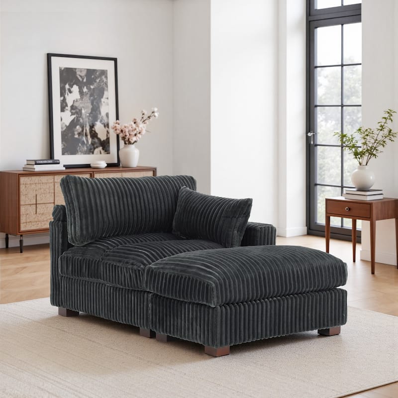 Modren Plush Upholstered Coner Chair and Ottoman Set - Grey - Right Facing