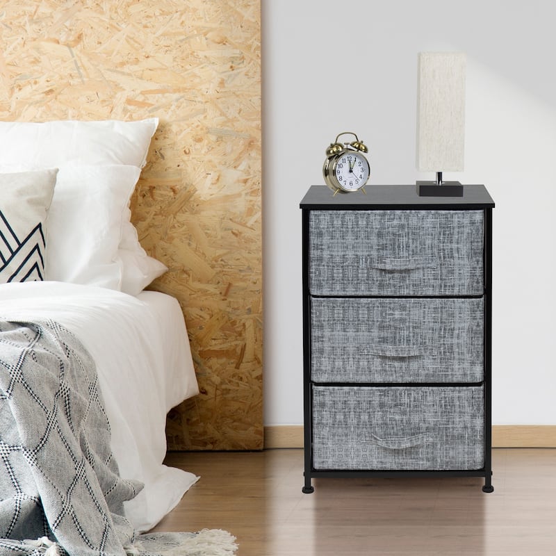 3 Drawer Nightstand Dresser Organizer Steel Frame Wood Top Fabric Bins