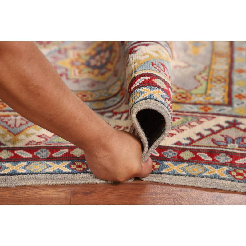 Grey Geometric Kazak Oriental Area Rug Hand-Knotted Wool Carpet - 5'1" x 6'7"