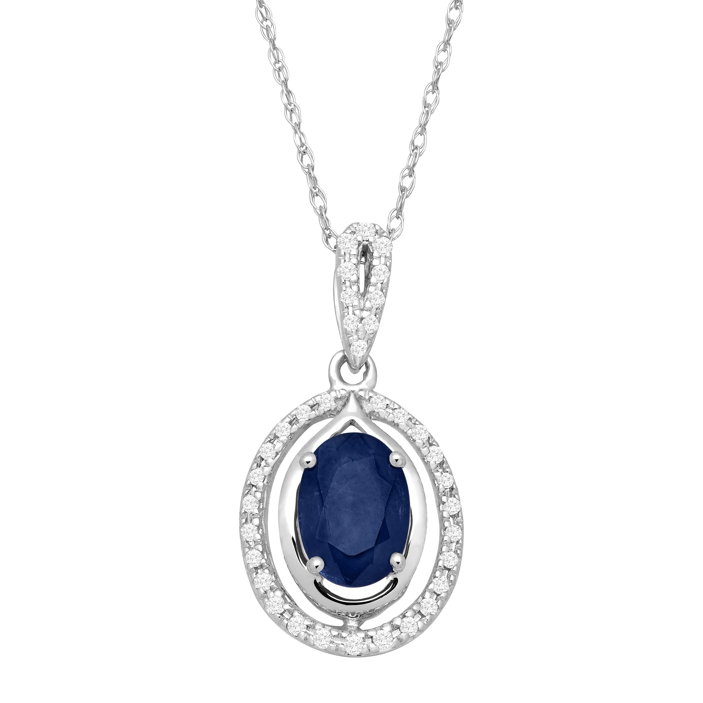 1 ct Natural Sapphire /& 1//10 ct Diamond Oval Pendant in 10K White Gold
