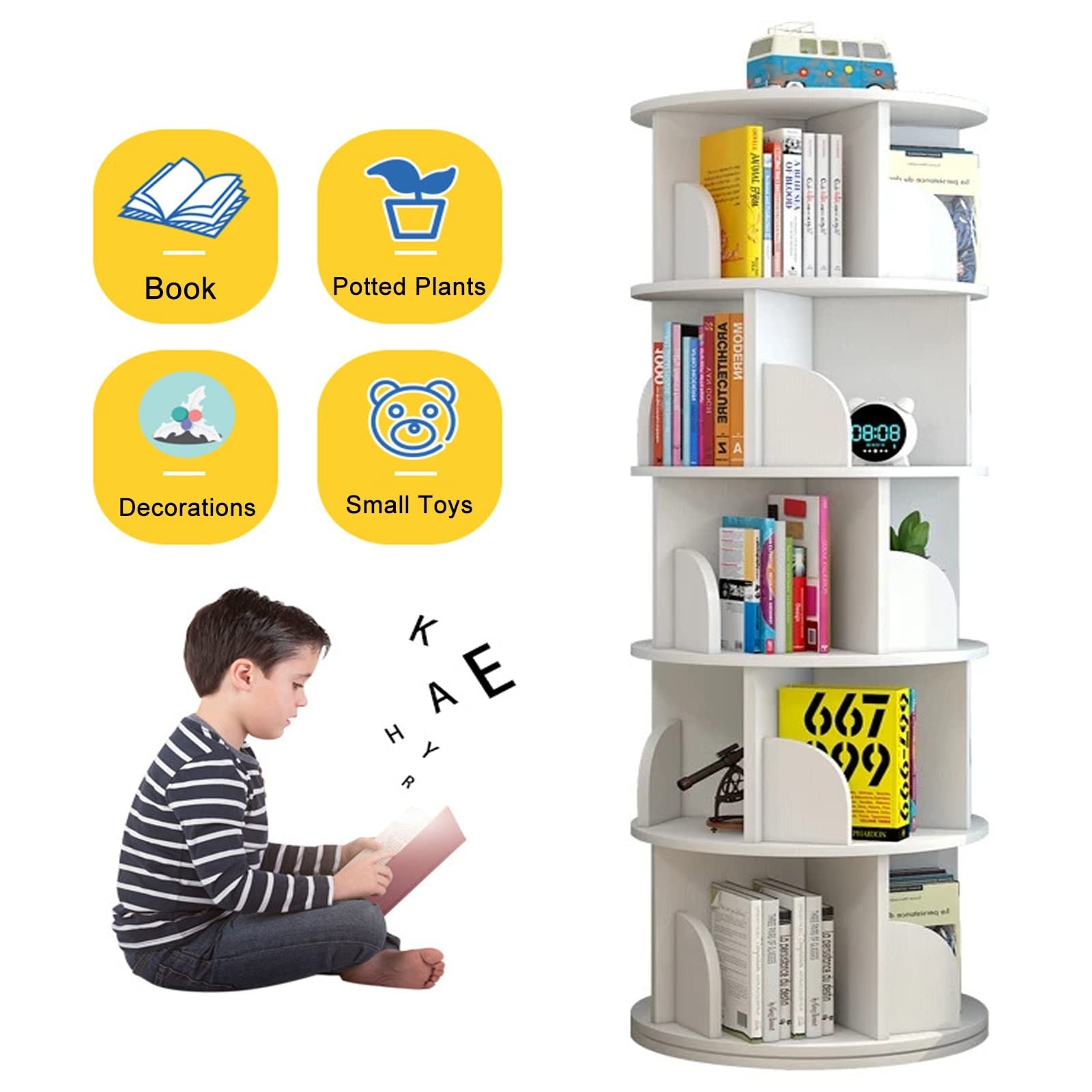 tonchean 4 Tier 360° Rotating Bookshelf Kids, 52H Floor Standing