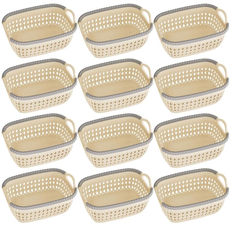 Rattan Plastic Weave Basket, Storage Bins Organizer for Closet, Shelf, Kitchen, Pantry and Bathroom - Ideal for Makeup,Cosmetics - Beige - Set of 12