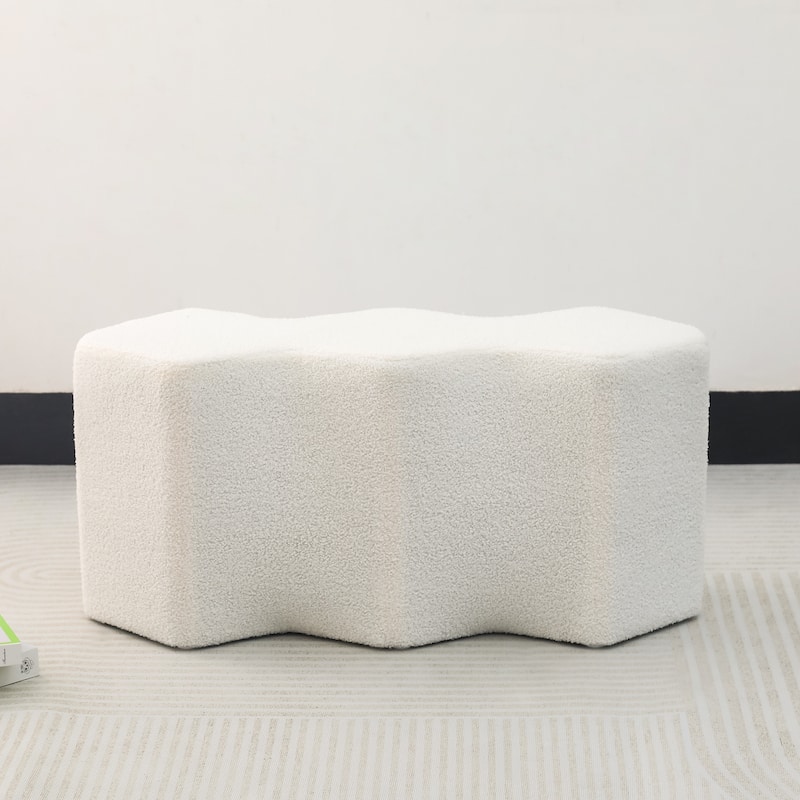 Adeco 35" Long Ottoman Bench Velvet Polygon Foot Stool - Cream