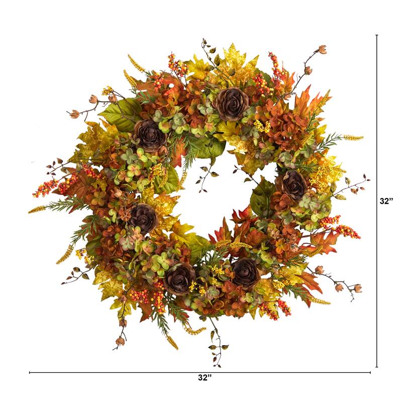 32" Fall Hydrangea, Ranunculus and Maple Leaf Autumn Artificial Wreath - 32