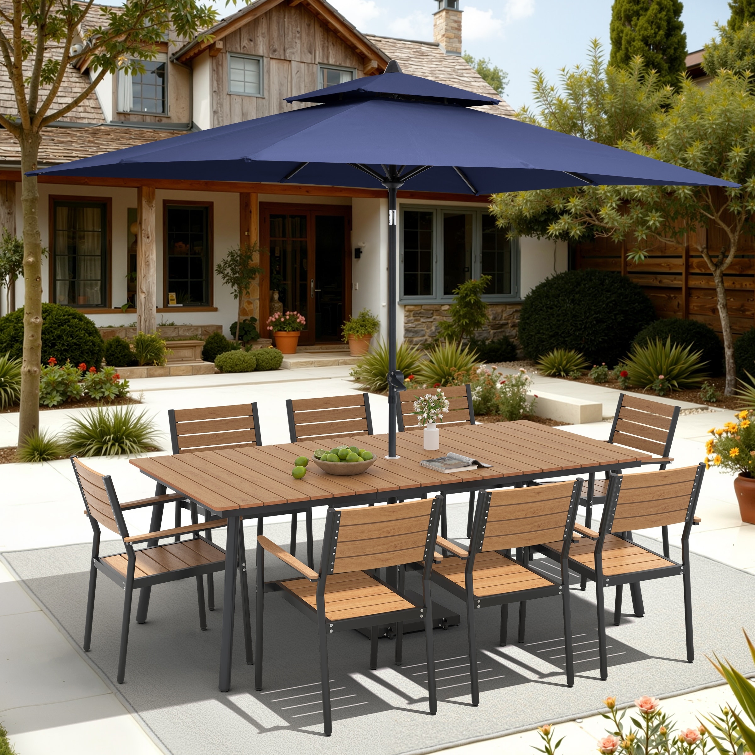 11-Piece Outdoor Dining Set 8 Stackable Chairs and Aluminum Table w/ 10 ft Umbrella and Base Stand