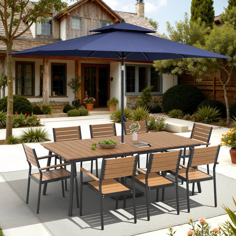 11-Piece Outdoor Dining Set 8 Stackable Chairs and Aluminum Table w/ 10 ft Umbrella and Base Stand - Brown Table with Navy Blue Umbrella