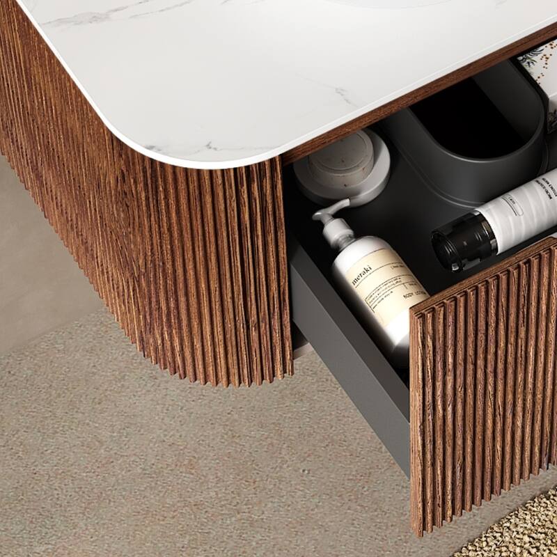 GDFStudio - Dina Modern 30" Floating Bathroom Vanity with Striped Curved Drawer & White Round Ceramic Basin, WITHOUT Faucet - Dark Walnut