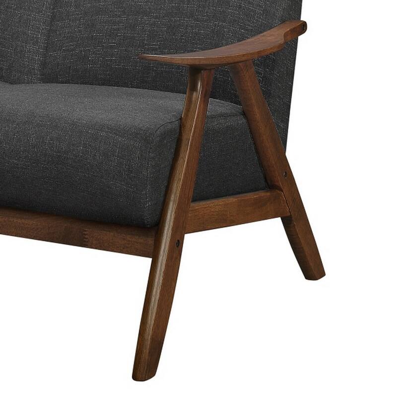 Indy 51 Inch Loveseat, Brown Rubberwood Angled Frame, Textured Gray Fabric