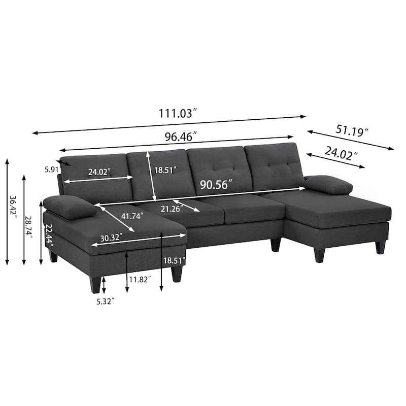 Jarenie U-Shaped 4 Seat Sectional Sofa Couch with Double Chaise for Living Room