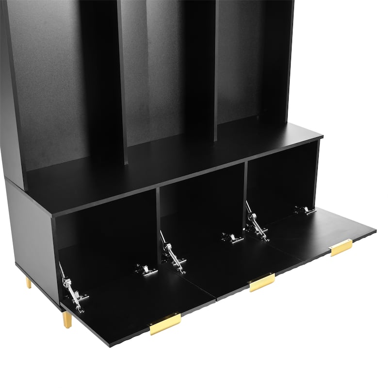 3-in-1 Hall Tree with Storage Bench & Shoe Storage, Glossy Fluted Cabinet Coat Rack with Gold Handles and Legs