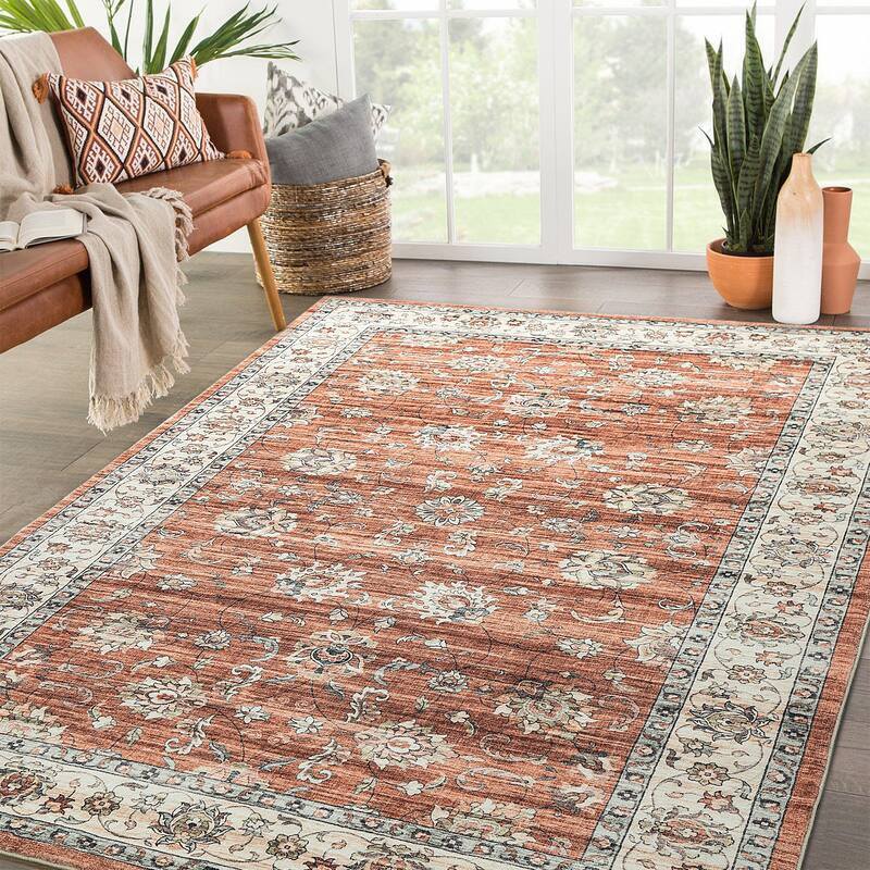 Glitzhome Traditional Distressed Floral Boho Printed Oriental Area Rugs