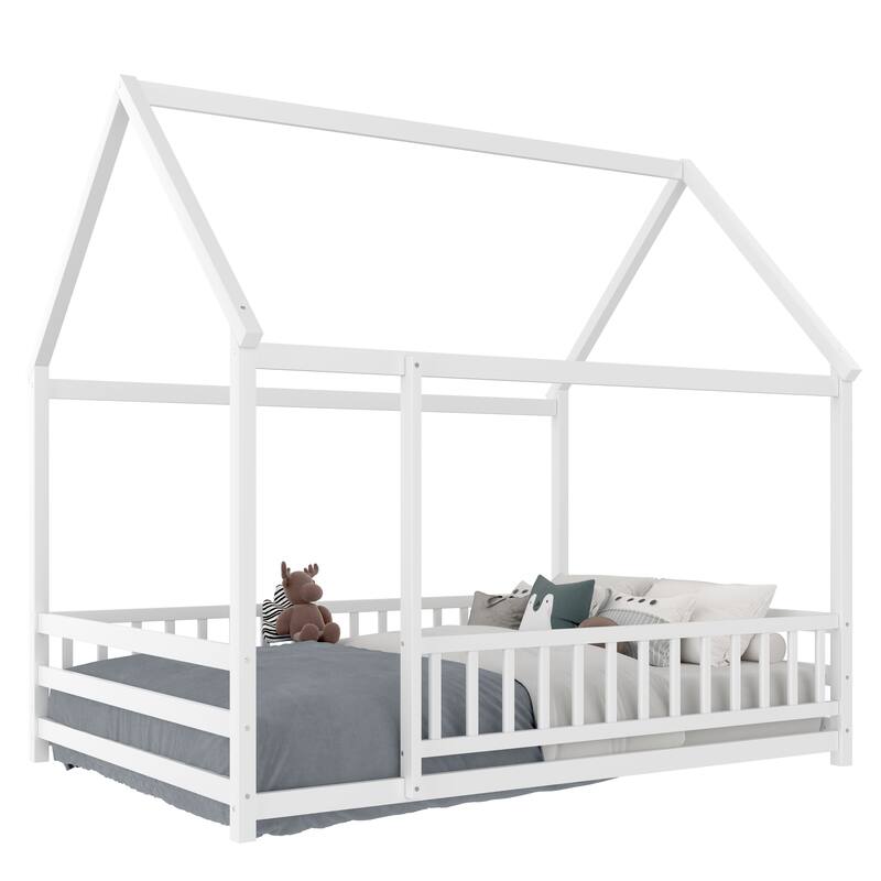 Full Size Floor Wooden Bed with House Roof Frame, Fence Guardrails,White