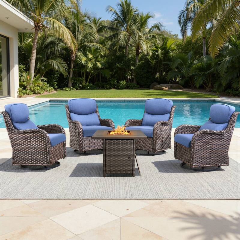 Meyreso 5-Piece Outdoor Patio Wicker Fire Pit 4 person Conversation Set with 5-Inch Thick Cushions