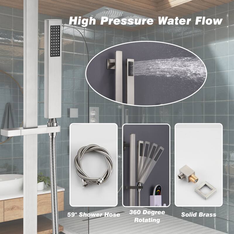 Luxury 5-Spray Patterns 28 in. Ceiling Mount Shower System with Handheld Shower Head, 3 Body Jets, LED, and Music - 16" x 28"