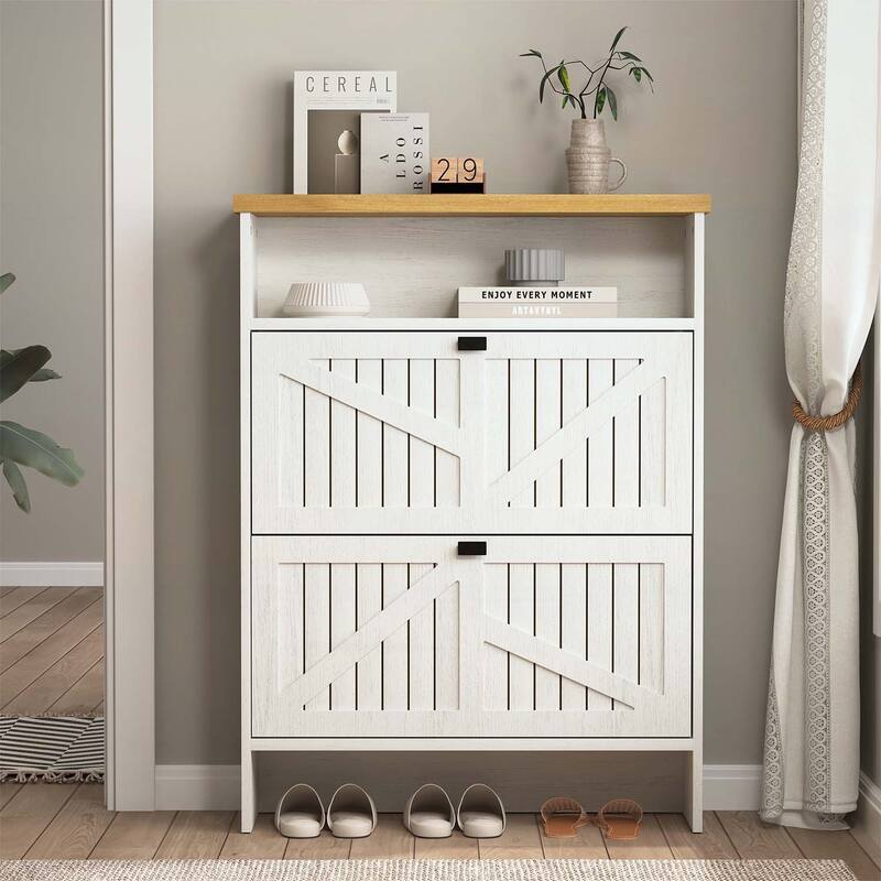 Modern Shoe Cabinet with Spacious Storage - Natural Wood+White