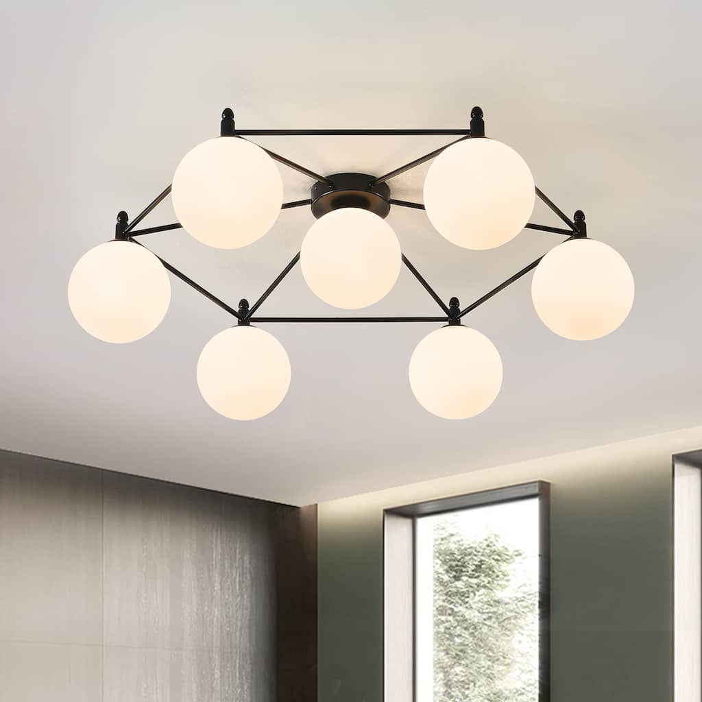 7 - Light Modern Sputnik Flush Mount Light, Black Metal, White Frosted Glass Globes