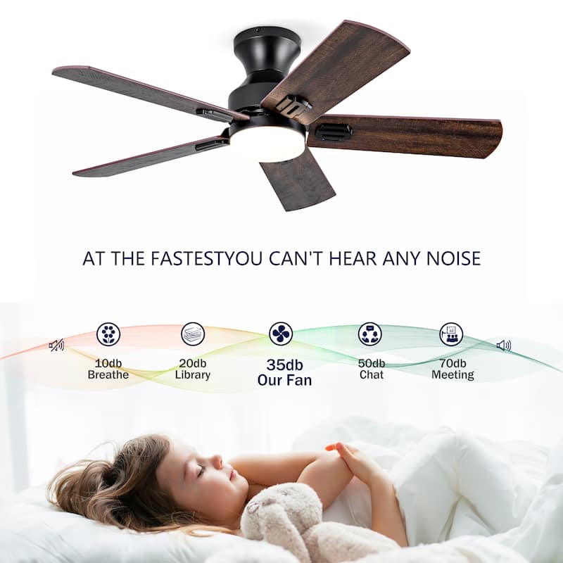 Ceiling Fans with Lights, 42 inch Low Profile Ceiling Fan with Light and Remote Control, Flush Mount, Reversible - Black