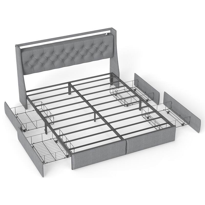 Metal Platform Bed Frame with Underbed Storage Drawers, LED Storage Headboard with Charging Station