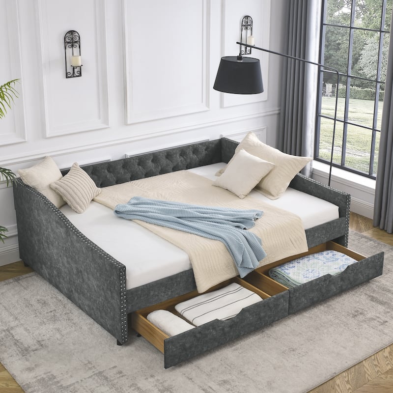 Queen Size Daybed with Drawers Upholstered Tufted Sofa Bed