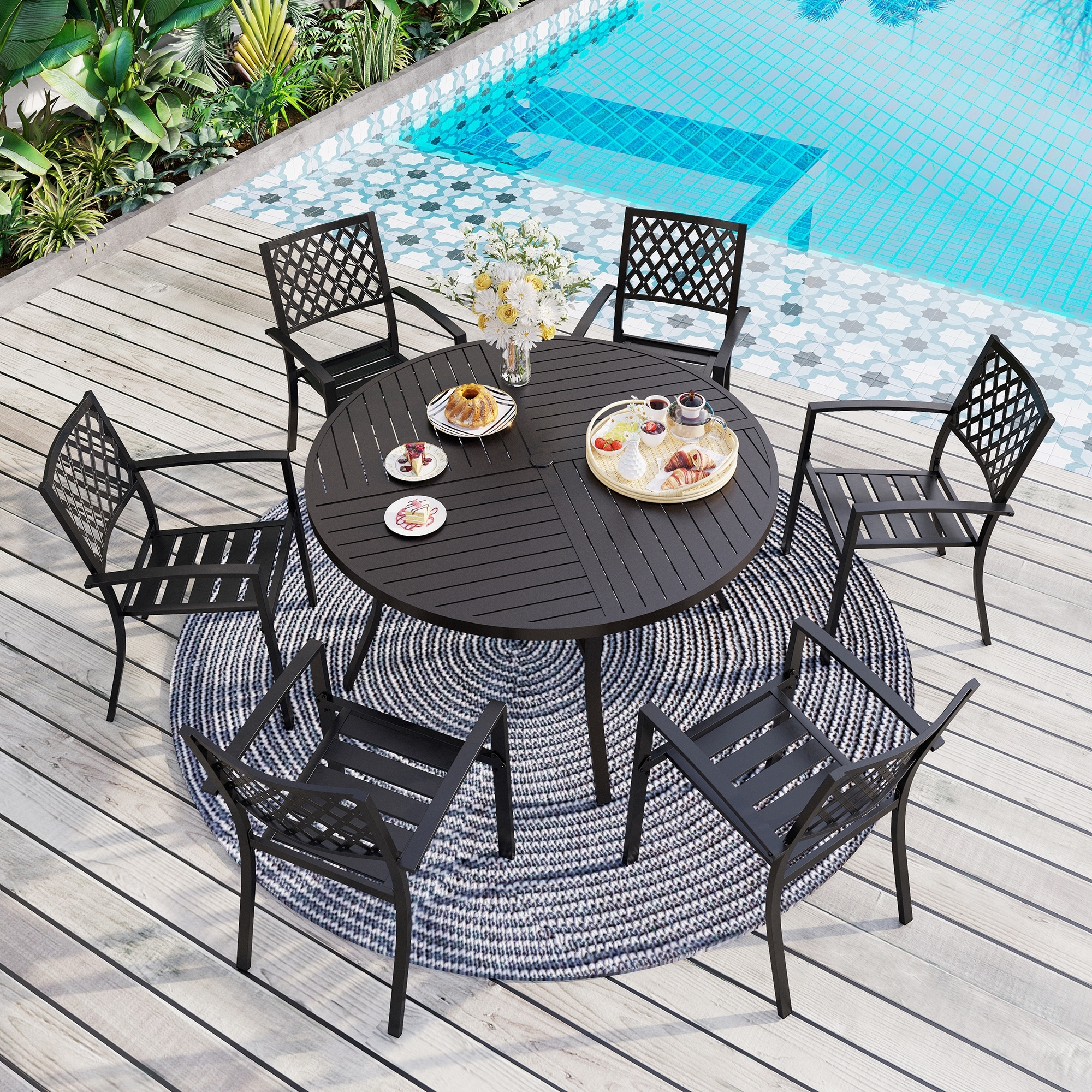 MAISON ARTS 7 Pieces Outdoor Dining Set for 6 Large Round Dining Table with Umbrella Hole Stackable Metal Chairs
