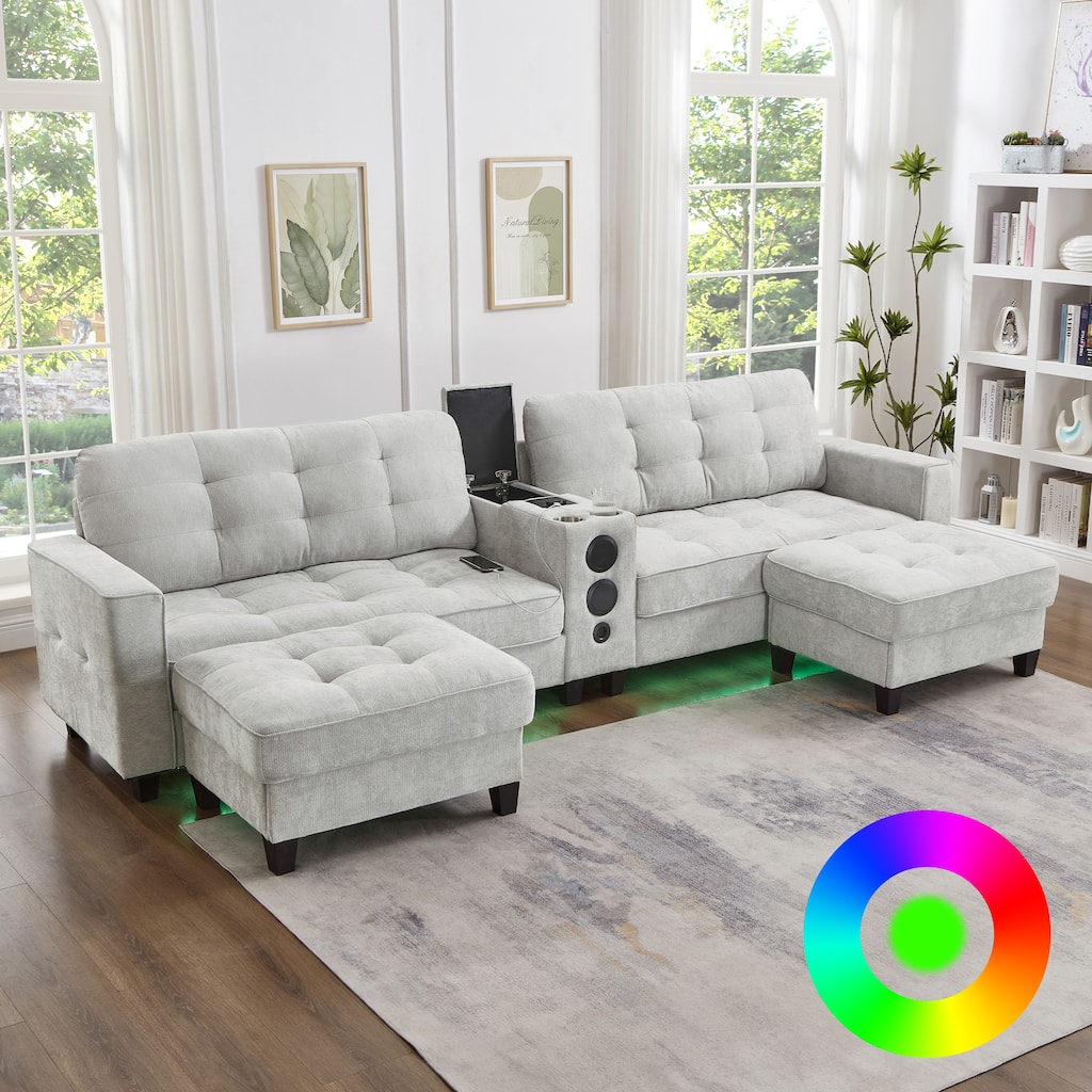 Roomfitters 126 Inch U-Shaped Modular Sectional Sofa with Storage Ottomans and Bluetooth Console