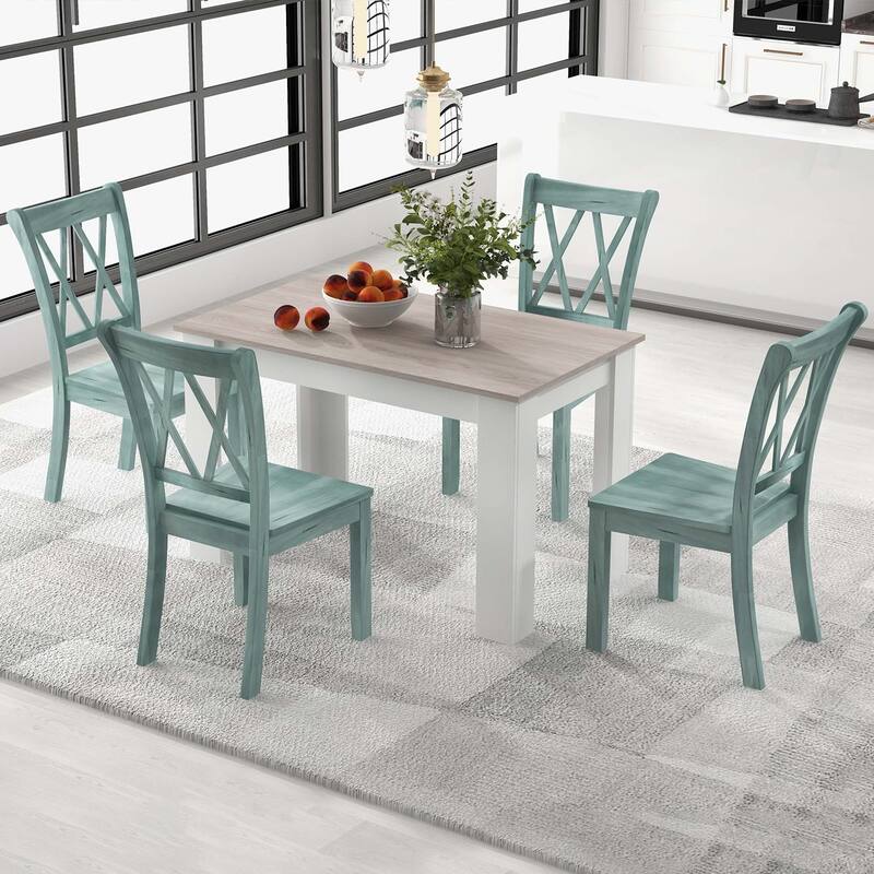 Costway 5 PCS Dining Set Modern Rectangle Table & 4 Rubber Wood Chairs
