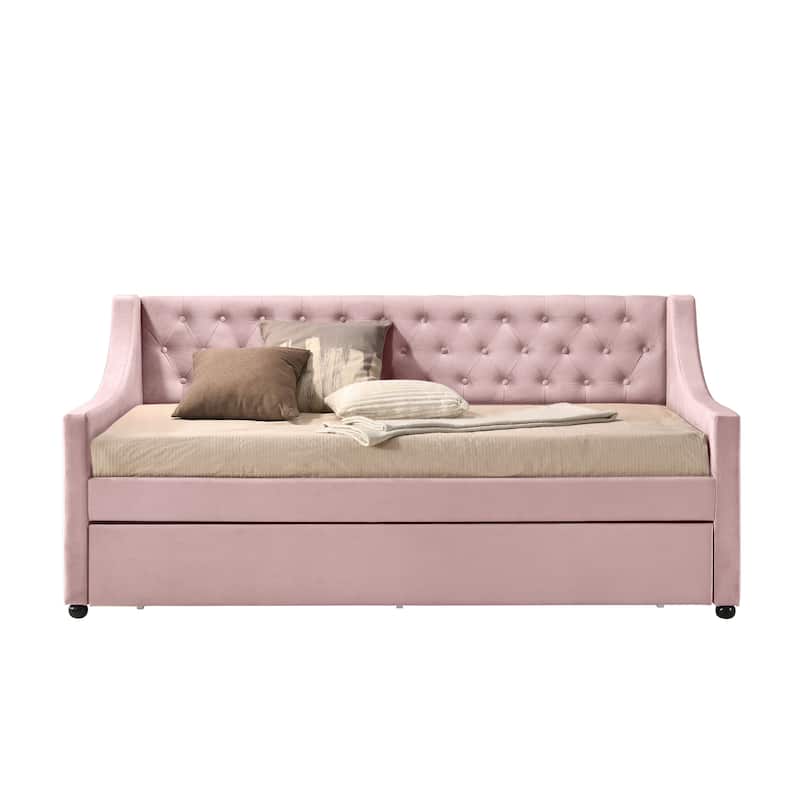 Pink Twin Size Button-tufted Velvet Daybed with Trundle
