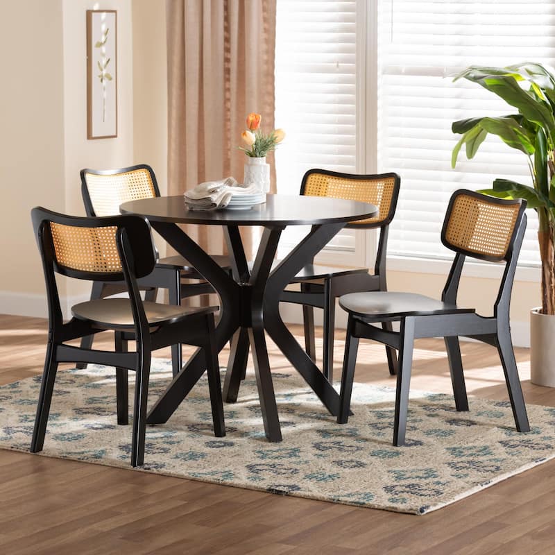 Linnet Mid-Century Wood and Rattan 5-Piece Dining Set