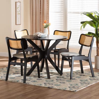Linnet Mid-Century Wood and Rattan 5-Piece Dining Set