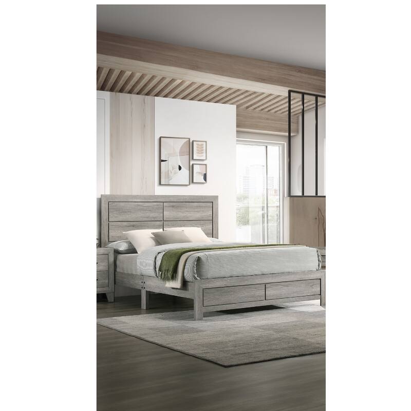 Queen Size Rustic Platform Bed with Clean-lined Headboard, Wood Grain Finish, Gray